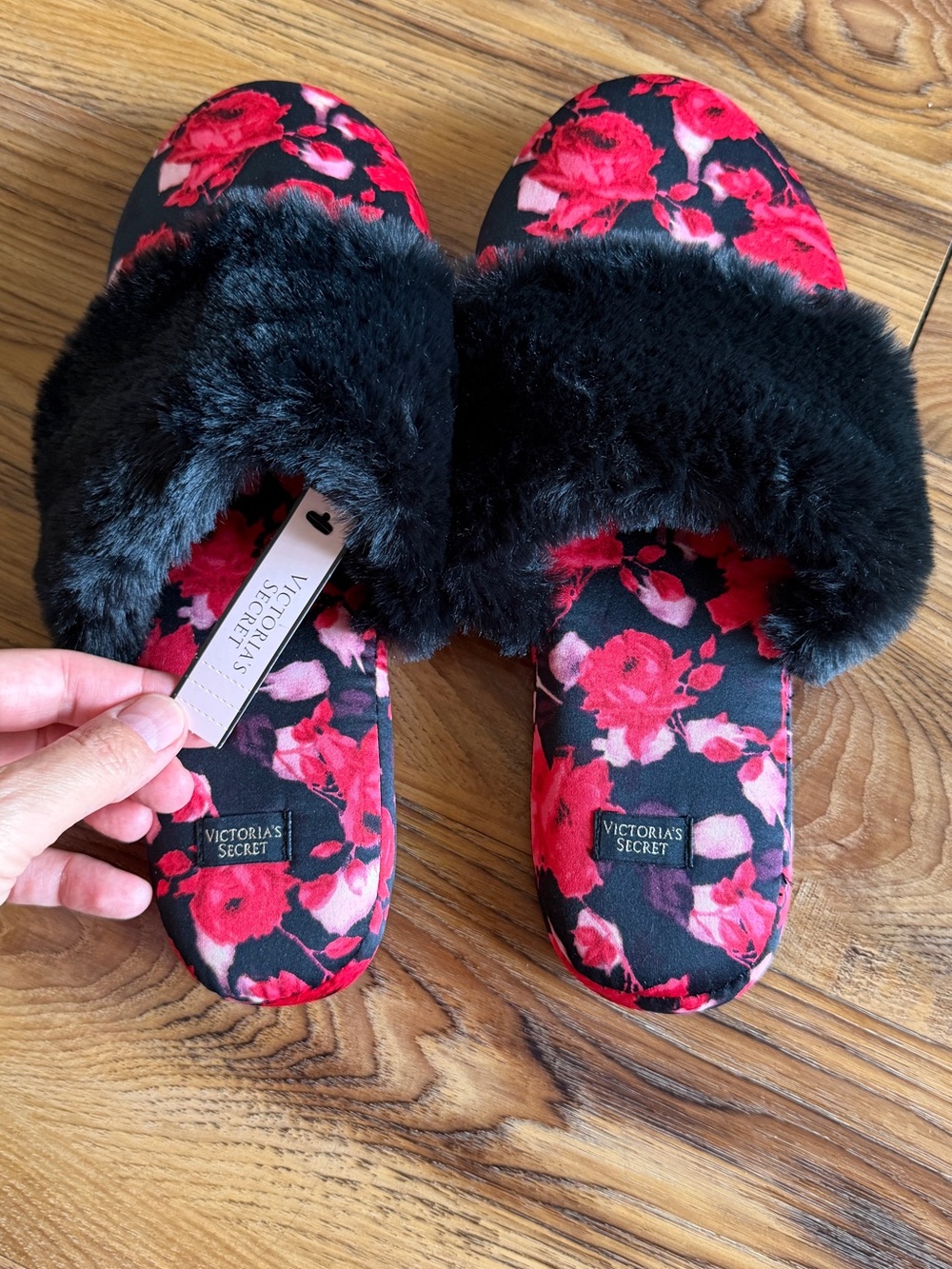 Victoria's Secret Black Faux-Fur Slide Slippers with Red Floral Print